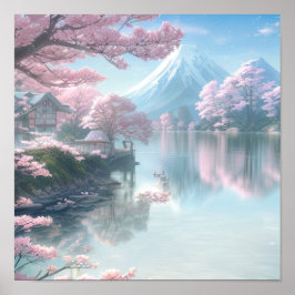 Cherry Blossom Lake in Mist Poster