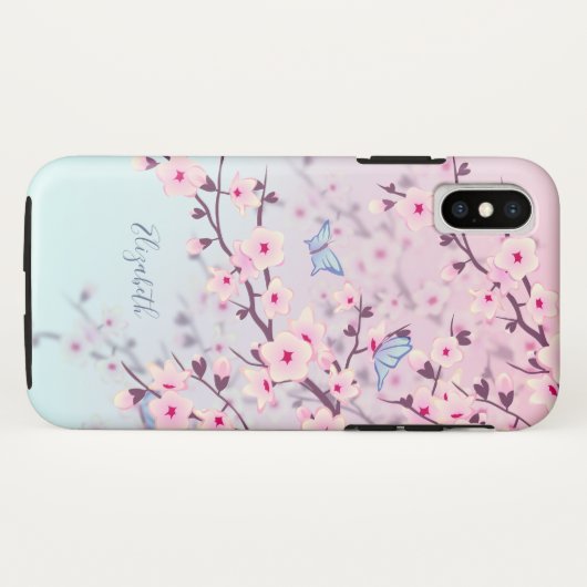 Cherry Blossom Landscape Pink Turquoise Monogram Case-Mate iPhone Case (Achterkant (horizontaal))