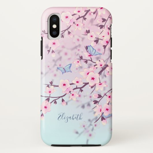 Cherry Blossom Landscape Pink Turquoise Monogram Case-Mate iPhone Case (Achterkant)