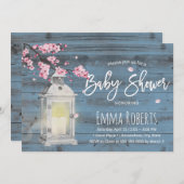Cherry Blossom Lantern Dusty Blue Baby shower Kaart (Voorkant / Achterkant)