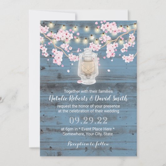 Cherry Blossom Lantern Dusty Blue Barn Wedding Kaart (Voorkant)