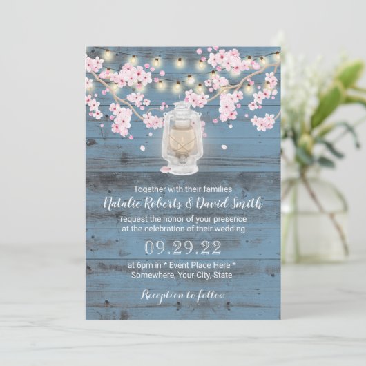 Cherry Blossom Lantern Dusty Blue Barn Wedding Kaart (Staand voorkant)