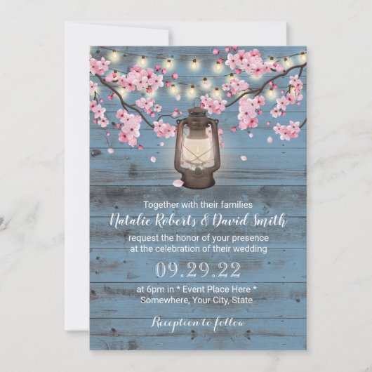 Cherry Blossom Lantern Dusty Blue Rustic Wedding Kaart (Voorkant)