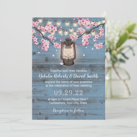 Cherry Blossom Lantern Dusty Blue Rustic Wedding Kaart (Staand voorkant)