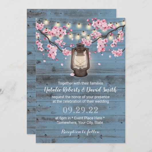 Cherry Blossom Lantern Dusty Blue Rustic Wedding Kaart (Voorkant / Achterkant)