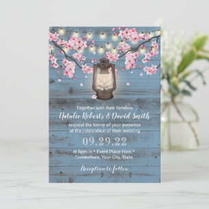 Cherry Blossom Lantern Dusty Blue Rustic Wedding Kaart