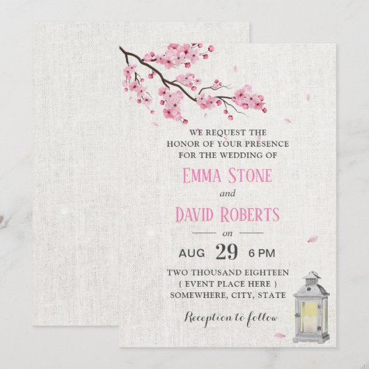 Cherry Blossom  Lantern Linen Wedding Kaart (Voorkant / Achterkant)
