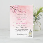 Cherry Blossom  Lantern Pink Floral Wedding Kaart (Staand voorkant)