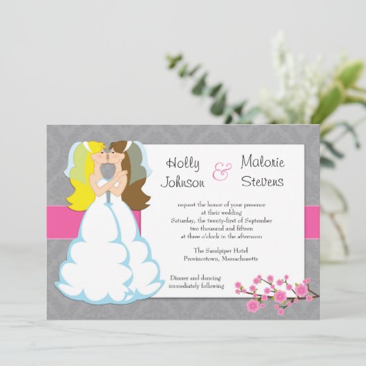 Cherry Blossom Lesbian Wedding Invitation Kaart (Staand voorkant)