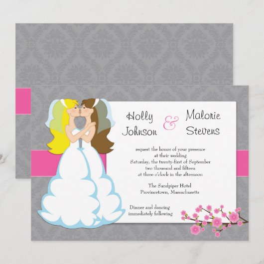 Cherry Blossom Lesbian Wedding Invitation Kaart (Voorkant / Achterkant)