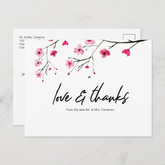 Cherry Blossom liefde en bedankt bruiloft Dank u, Briefkaart (Voorkant / Achterkant)