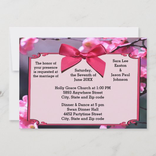 Cherry Blossom Lijst & Roze Bow bruiloft uitnodigi Kaart (Voorkant)