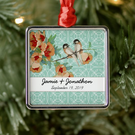 Cherry Blossom Love Bird Mint Metalen Ornament (Boom)