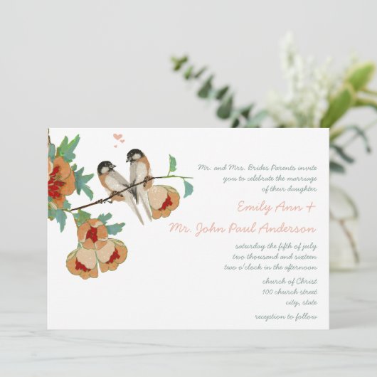  Cherry Blossom Love BIrd Peach Mint Kaart (Staand voorkant)