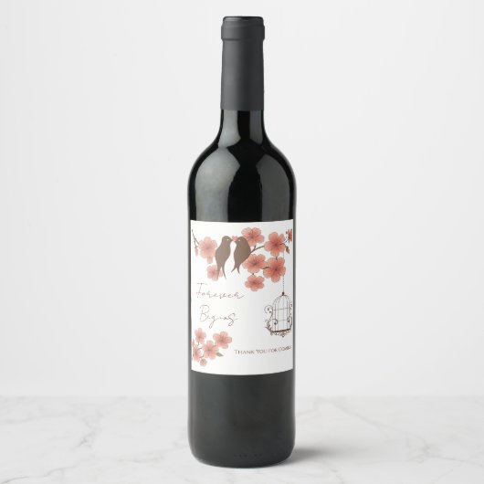 Cherry Blossom Lovebirds Wedding Wine Bottle Label Wijn Etiket (Voorkant)