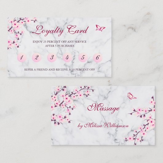 Cherry Blossom Loyalty Card Pink Grey Marble Visitekaartje (Voorkant / Achterkant)
