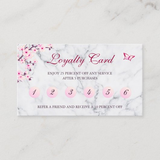 Cherry Blossom Loyalty Card Pink Grey Marble Visitekaartje (Voorkant)