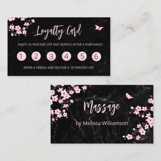 Cherry Blossom Loyalty Kaart Pink Black Marmer Visitekaartje (Voorkant / Achterkant)