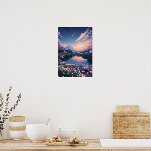 Cherry Blossom Magic bij het Mountain Lake Poster (Keuken)