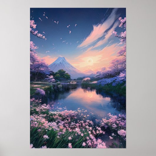 Cherry Blossom Magic bij het Mountain Lake Poster (Voorkant)