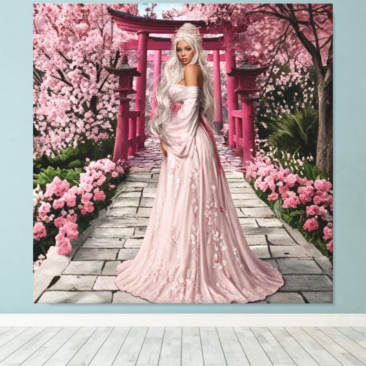 Cherry Blossom Maiden Wall Art Canvas Afdruk (Insitu (Houten vloer))