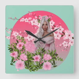Cherry Blossom Maiden Wall Clock  Vierkante Klok