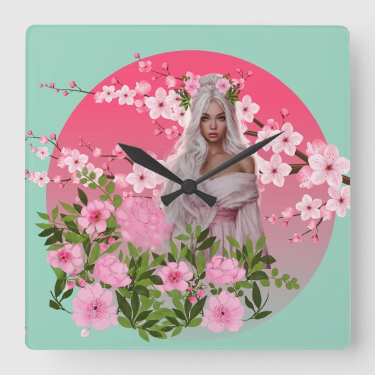 Cherry Blossom Maiden Wall Clock  Vierkante Klok (Voorkant)