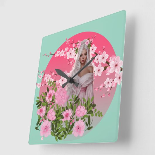 Cherry Blossom Maiden Wall Clock  Vierkante Klok (Hoek)