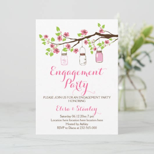 Cherry blossom mason jar bruiloft verloffeest kaart (Staand voorkant)