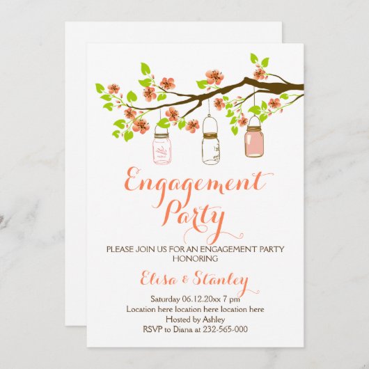 Cherry blossom mason jar bruiloft verloffeest kaart (Voorkant / Achterkant)