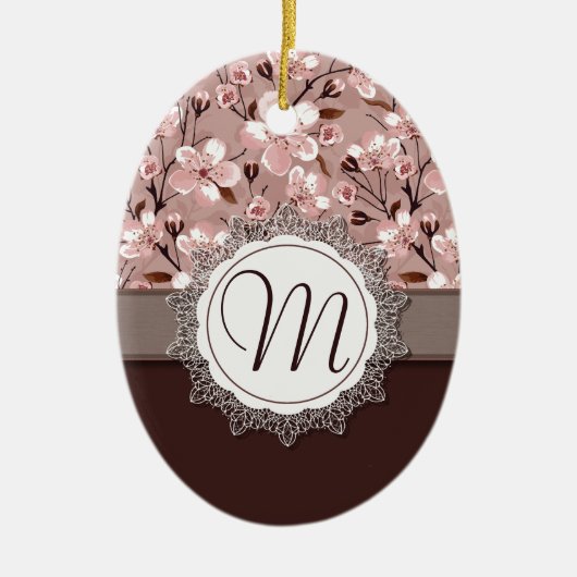 Cherry Blossom met Lace Monogram Keramisch Ornament (Voorkant)