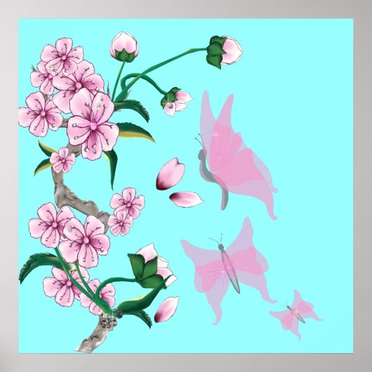 Cherry Blossom met roze Butterflies Poster (Voorkant)