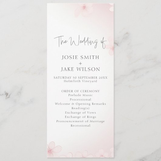 Cherry Blossom Minimalistische Lente Trouwceremoni Programmakaart (Voorkant)