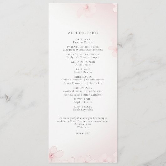 Cherry Blossom Minimalistische Lente Trouwceremoni Programmakaart (Achterkant)