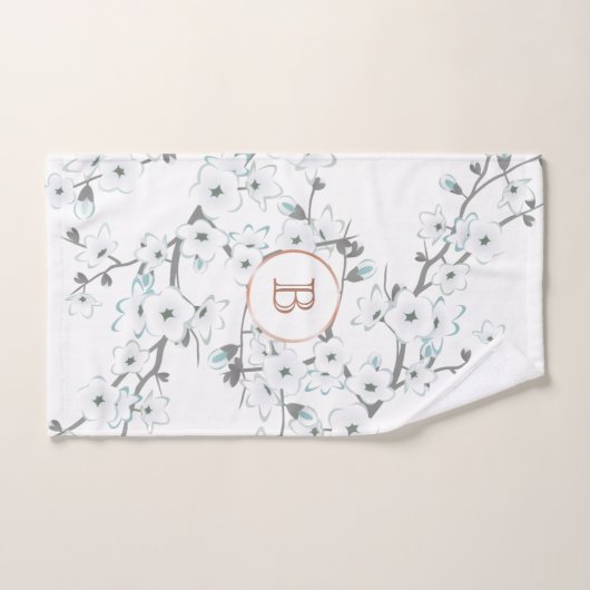 Cherry Blossom Mint White Rose Gold Monogram Handdoek (Handdoek)