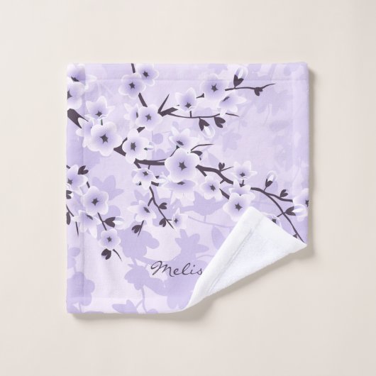 Cherry Blossom Monogram Paarse Floral Bad Handdoek (Wasdoekje)