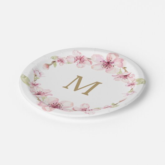 Cherry Blossom Monogram Papier Borden Papieren Bordje (Gekanteld)