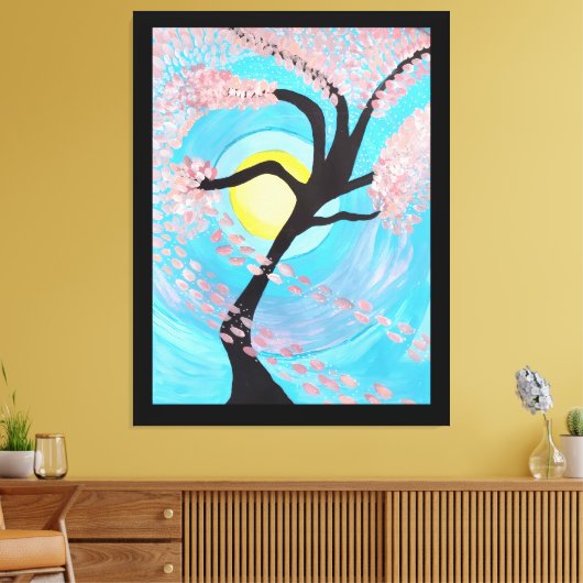 Cherry Blossom Moon Hand Painted Acrylic Canvas Ar (Insitu (Woonkamer))