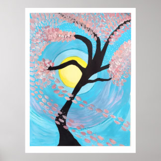 Cherry Blossom Moon Hand Painted Acrylic Poster Ar
