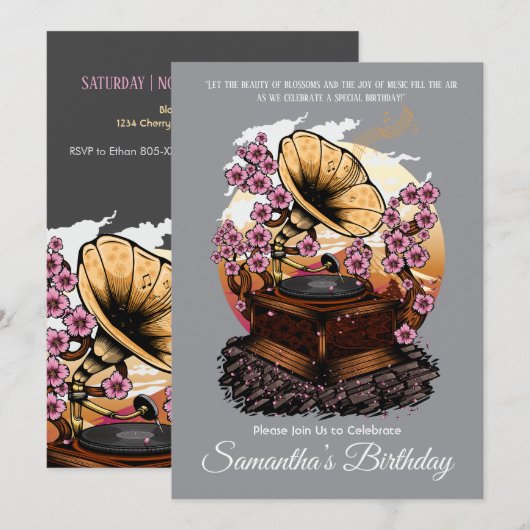 Cherry Blossom Musical Verjaardag Kaart (Voorkant / Achterkant)