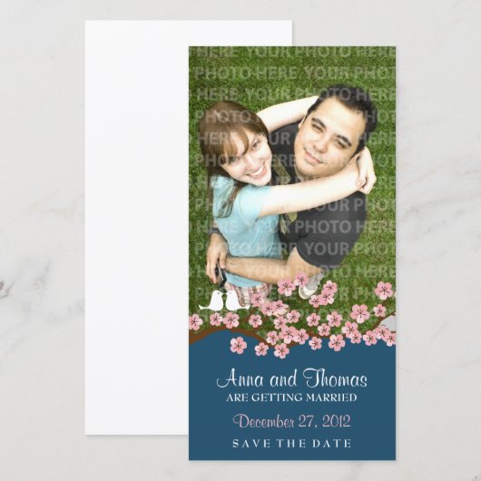 Cherry Blossom (Navy) Bewaar de datumfoto Save The Date (Voorkant / Achterkant)