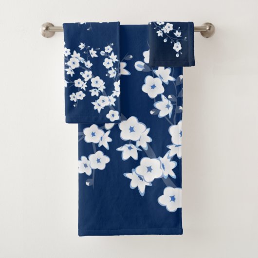 Cherry Blossom Navy Blue Bad Handdoek (Insitu)