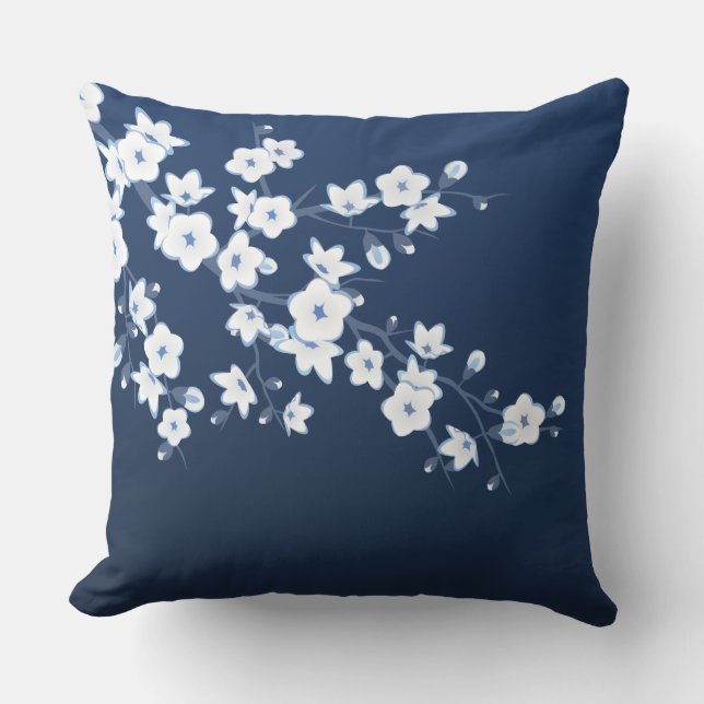 Cherry Blossom Navy Blue White Floral Buitenkussen (Voorkant)