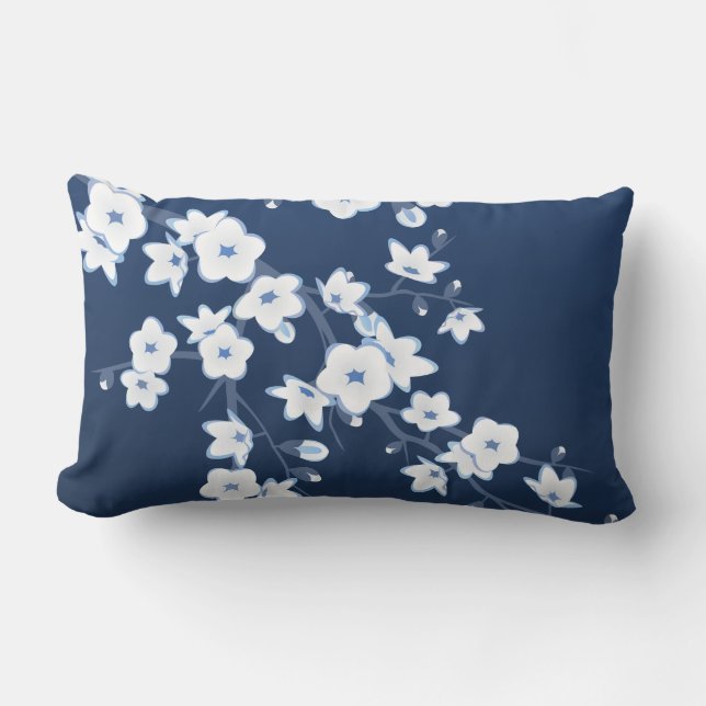 Cherry Blossom Navy Blue White Floral Buitenkussen (Voorkant)