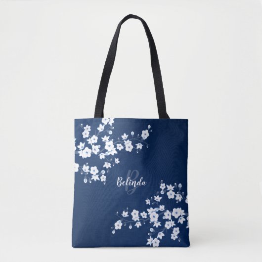 Cherry Blossom Navy Blue White Monogram Canvas tas (Voorkant)
