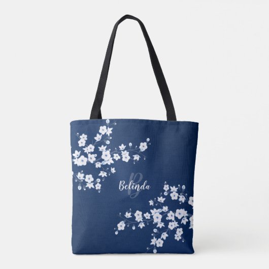 Cherry Blossom Navy Blue White Monogram Canvas tas (Achterkant)
