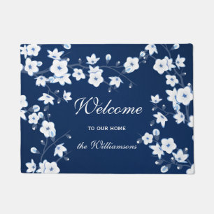 Cherry Blossom Navy Blue White Welkom Deurmat