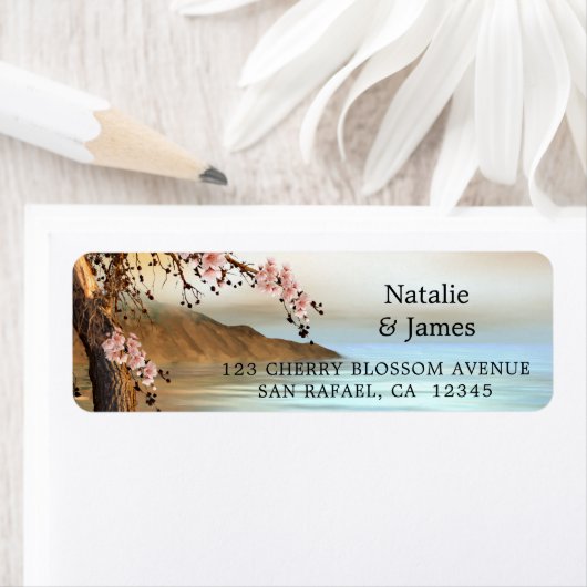 Cherry Blossom Ocean Wedding Return Address Label (Insitu)