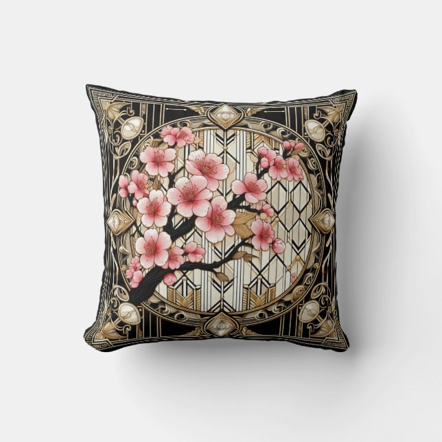 Cherry Blossom op Art Deco Achtergrond Kussen (Voorkant)