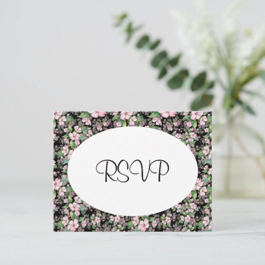 Cherry Blossom op Black Wedding RSVP Briefkaart (Staand voorkant)